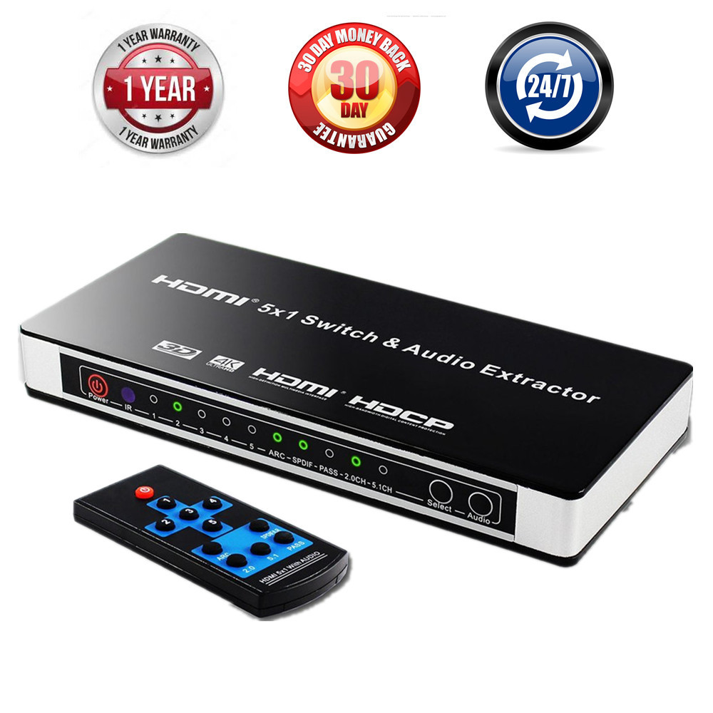 5 PORT HDMI SWITCH WITH AUDIO EXTRACTOR 4K HDMI VIDEO AUDIO SWITCHER 5 IN 1 OUT WITH OPTICAL SPDIF +