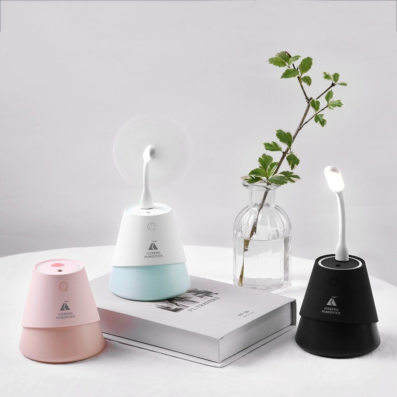 New USB mini iceberg humidifier, night light humidifier, small fan, household three-in-one humidifie