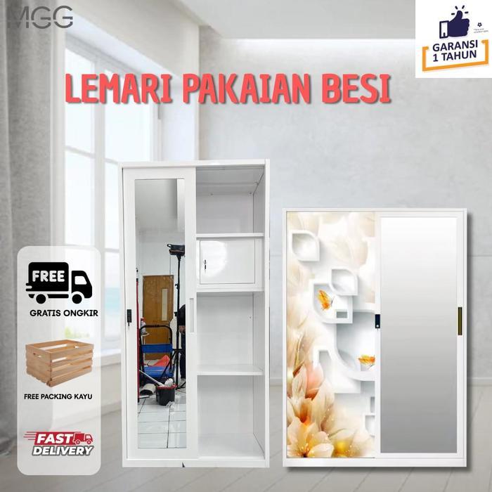 MGG Lemari Pakaian Besi 2 Pintu Sliding  Anti Jamur & Karat Cermin Full Desain Minimalis Garansi 1 T