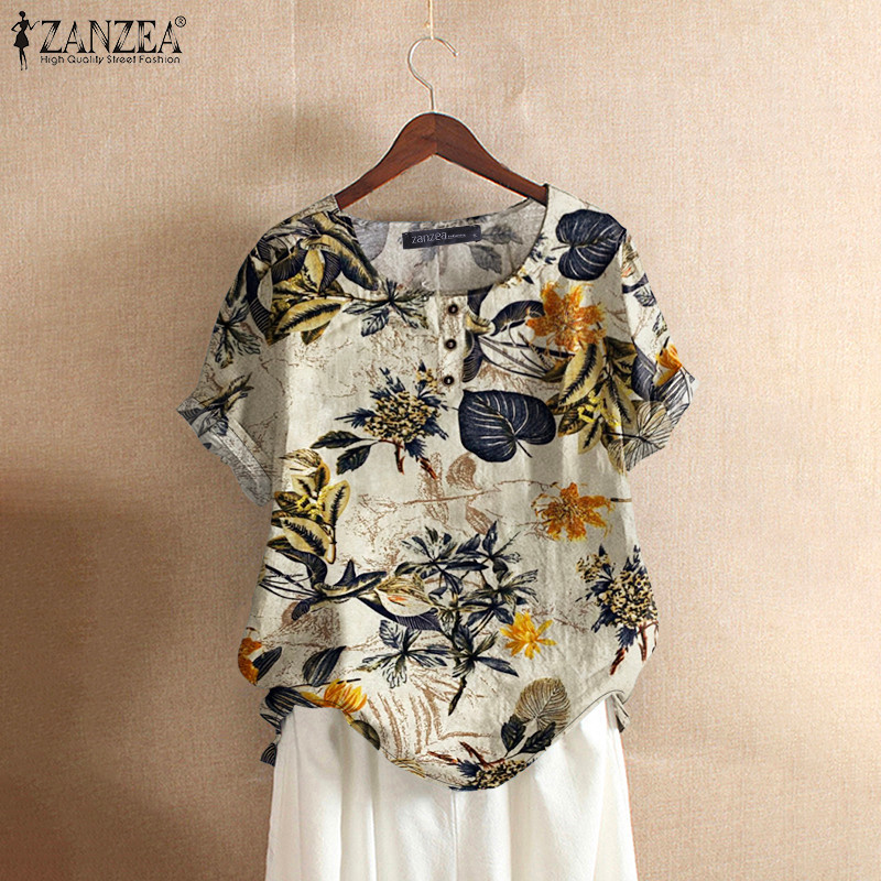 ZANZEA Kemeja Wanita Katun Floral Lengan Pendek Blus Tunik Casual O-Neck untuk Musim Panas