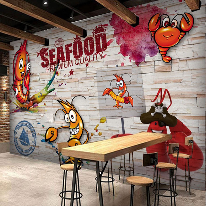 Self-Adhesive Wallpaper 3D Brick Wall Wooden Board Murals Spicy Crayfish Seafood Restaurant Backgrou