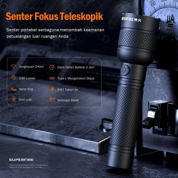 SUPERFIRE Zoom Senter Kepala Super Terang Mini LED USB Isi Ulang Luby Portabel Lampu Emergency