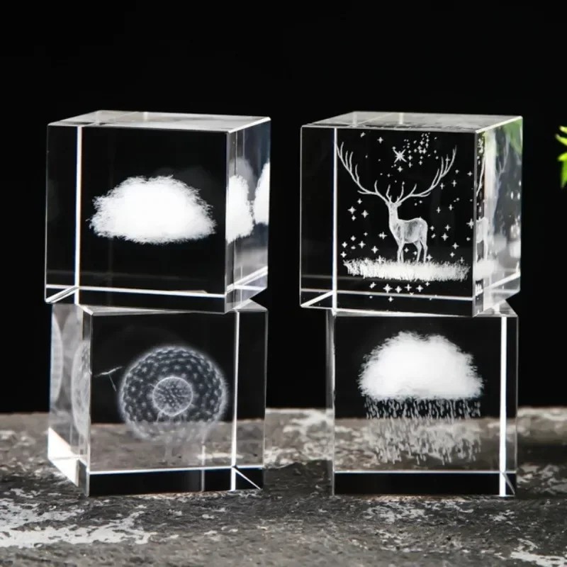 2.4 Inch Crystal Cube 3d Laser Crystal Paperweight Moon Solar System Clouds Cubic Heart Shaped
