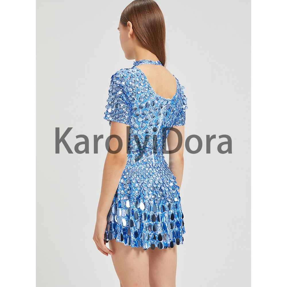 XXXL Sexy Lake Blue Shell Sequins Mini Dress Nightclub Dance High Quality Performance Clothing