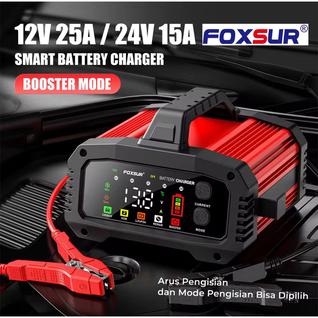 Charger Aki Foxsur Mobil Motor 12v 24v Otomatis 25a/15a Smart 8 Tahap Agm Lifepo4 Repair Booster Pre
