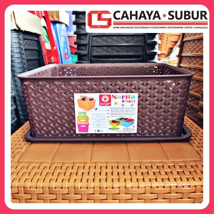 Keranjang Plastik Serbaguna Anyaman Rotan + Tutup NARITA M Sunlife Putih Coklat