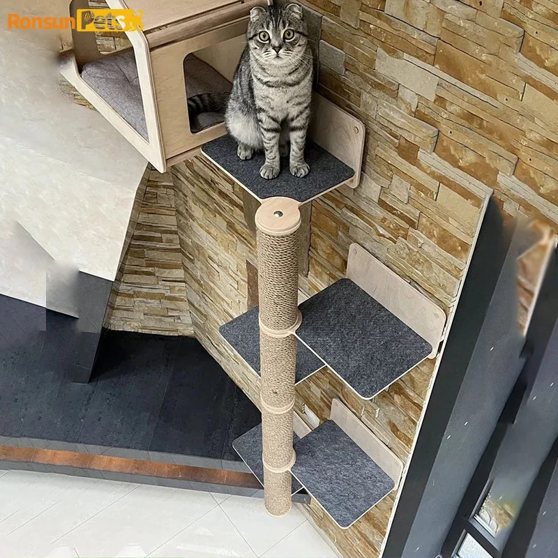 Wooden Cat Tower Scratcher Wooden Shelves for Cats Sofa Protectors Beds & Furniture Cat Wall Climbin