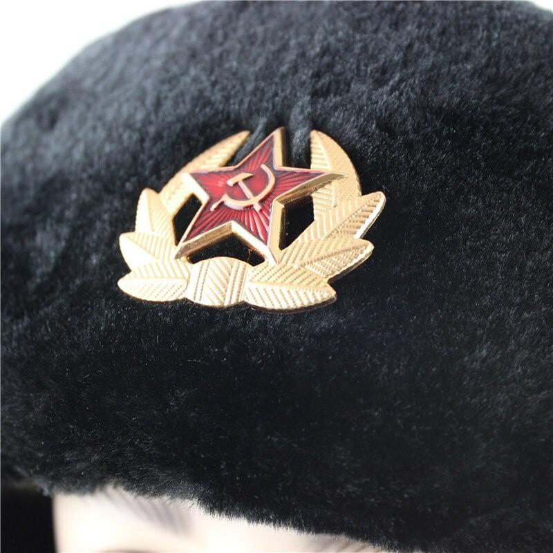 Army Military Badge Ushanka Bomber Hats Pilot Trapper Trooper Hat Winter Faux Fur Earflap Men Snow