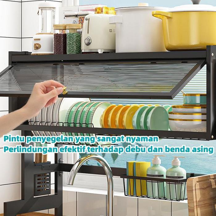 105Cm Rak Dapur Dengan Penutup Rak Piring Mangkuk Stainless Rak Piring Wastafel Multifungsi Rak