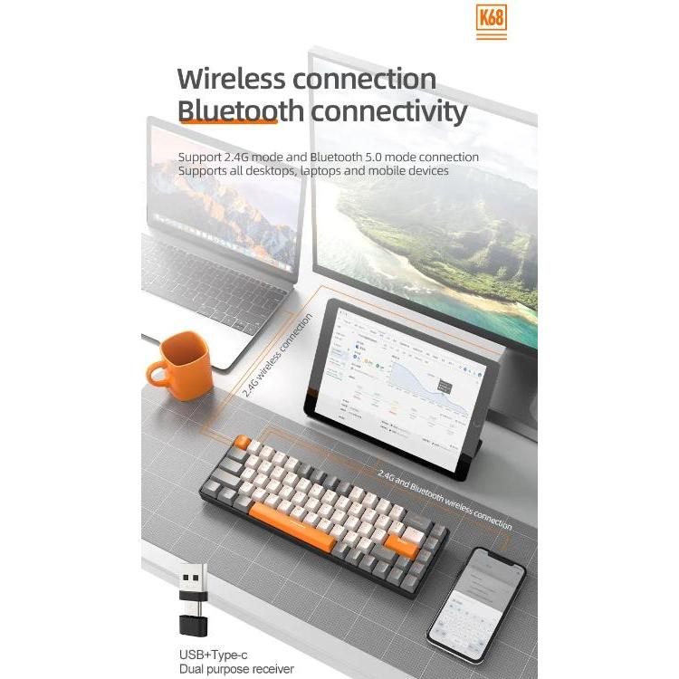 ZIYOULANG K68 KEYBOARD GAMING MECHANICAL WIRELESS DAN BLUETOOTH 2.4G K68