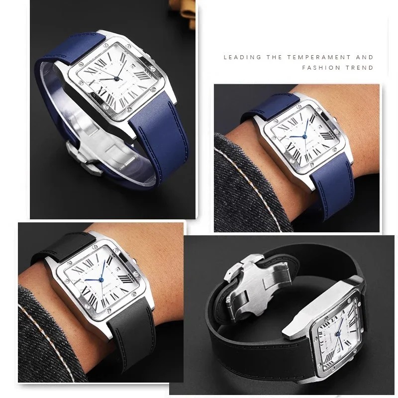 For Cartier santos100 Santos silicone rubber watch strap santos 100 Metal buckle watchband men Black