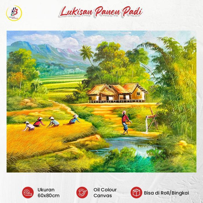 TERJAMIN Lukisan Pemandangan Sawah Petani dengan Kolam Lukisan Alam Pedesaan Handmade