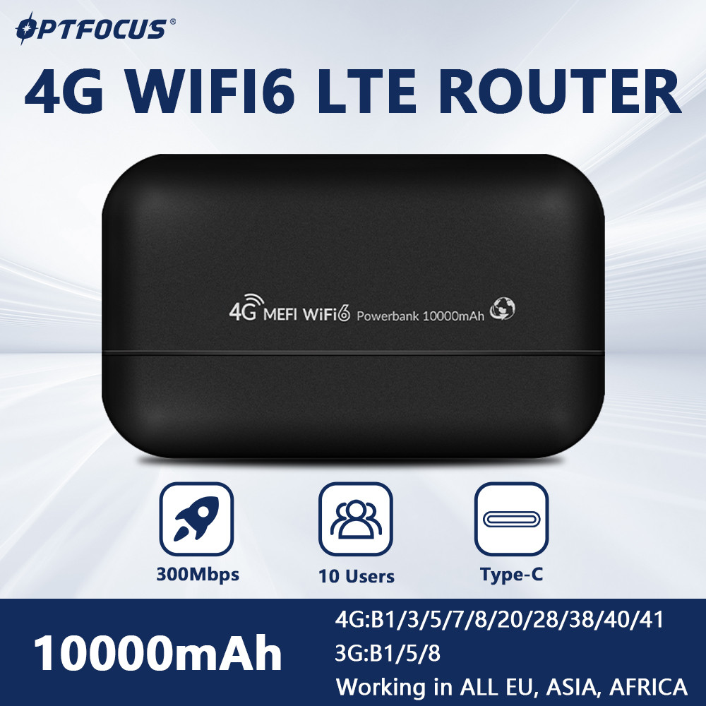 OPTFOCUS 4G WIFI LTE Router 300Mbps MIFI WIFI6 Modem Simcard Router 10000mAh Power Bank Wireless