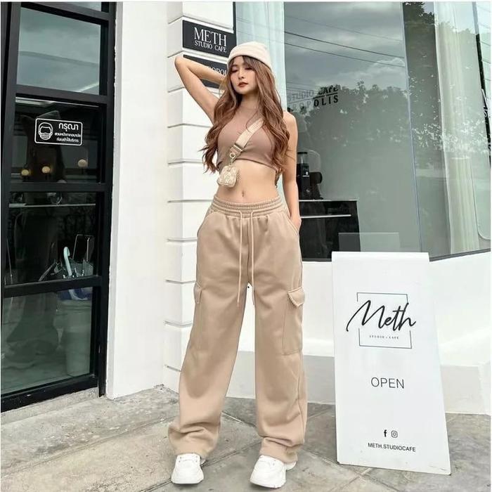 Premium Celana Cargo Panjang Wanita Training Cargo Wanita Celana Cargo Wanita Pinggang Karet Outfit
