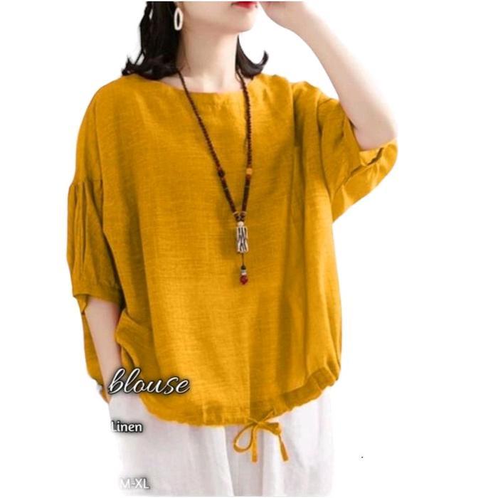 Blouse Wanita Serut Bawah Bahan Polo Linen Kekinian Atasan Cewek Casual Panjang Top Kemeja Viral