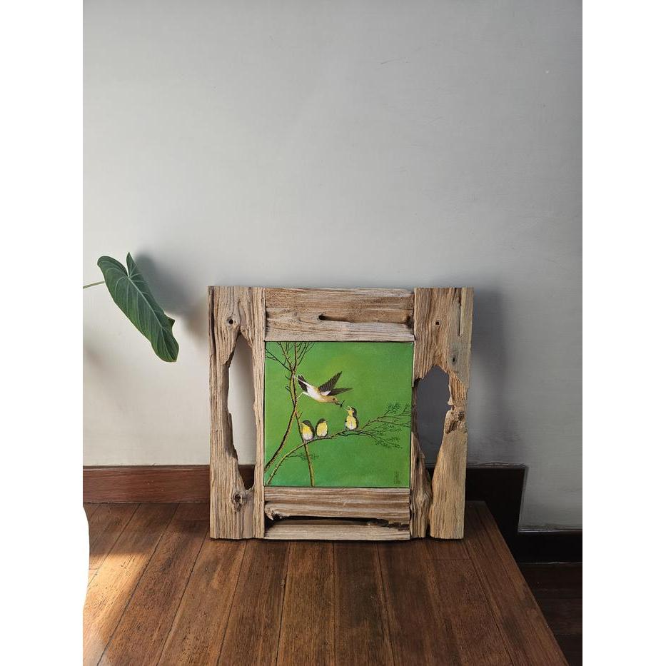 Lukisan Dinding Burung Pleci Dakun Auri Auriventer Frame Kayu Painting
