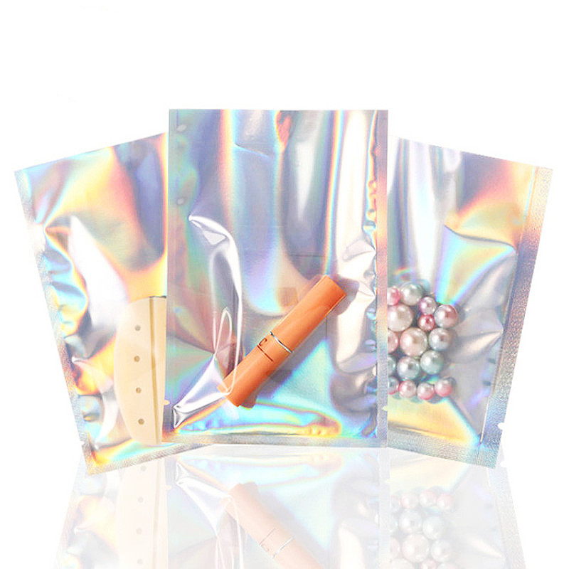 100PCS Open Top Aluminum Foil Holographic Packaging Bags Clear Front Nail Beauty Stickers Cosmetics 