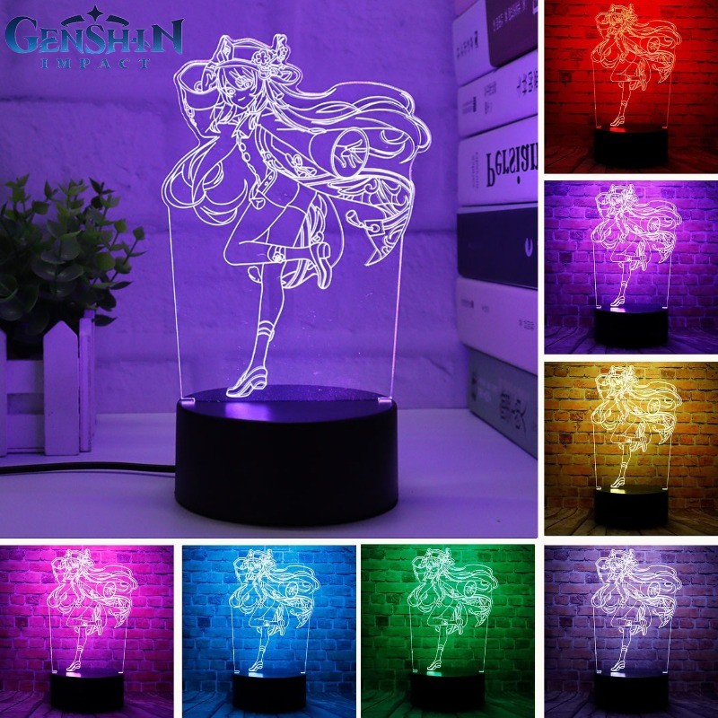 Genshin Impact 3D LED Night Lights Anime Figure Aether Lumine Hu Tao Keqing Klee Qiqi Desk Lamps
