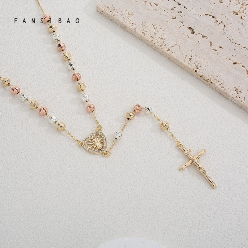 FanSibao tricolor diagonal prayer beads cross Virgin Mary pendant necklace copper necklace ladies
