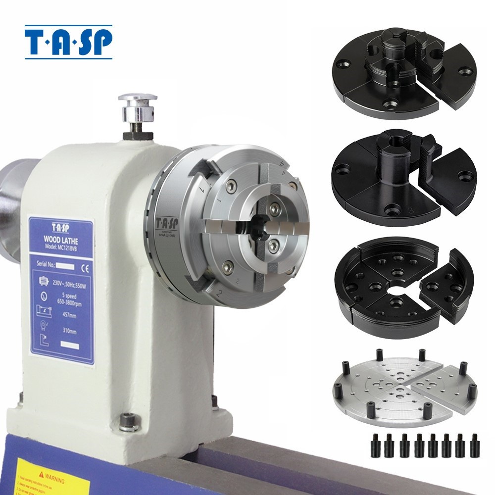 Chuck Bubut Kayu TASP 100mm dengan Set Rahang Self Centering, Ulir Spindle M33x3.5mm dan 1Inch-8TPI 