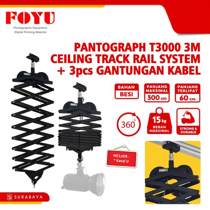 Pantograph T3000 (3 meter) Ceiling Track Rail System + 3 pcs Gantungan Kabel Lampu