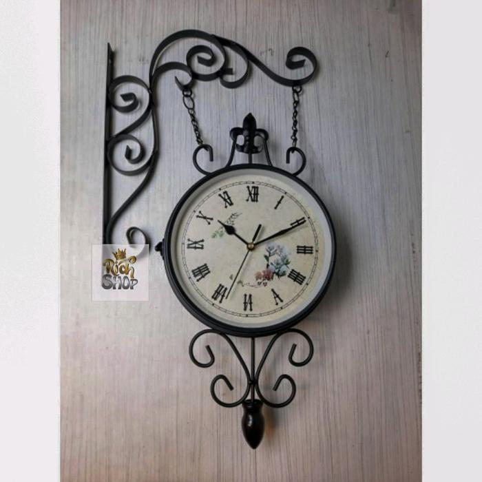 Jam Gantung Dua Sisi Shabby Vintage Garden Gaya Klasik Eropa Home Decor Besi