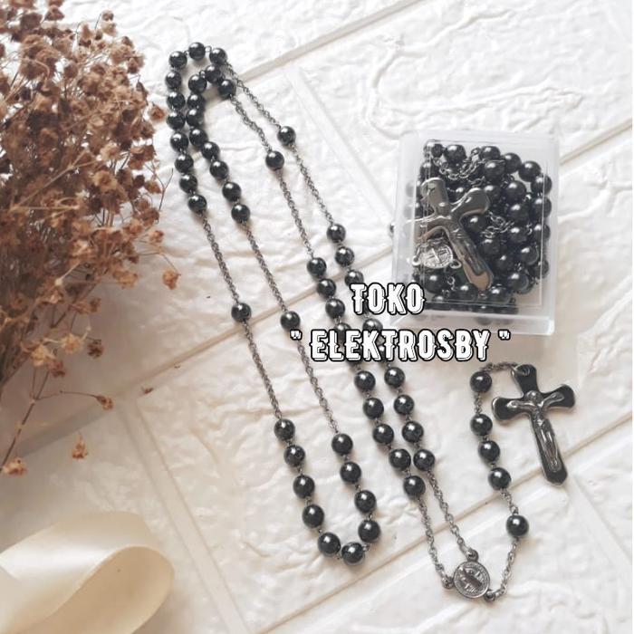 Kalung Rosario Batu, Salib Monel/Besi Putih "Asli Tdk Karat"