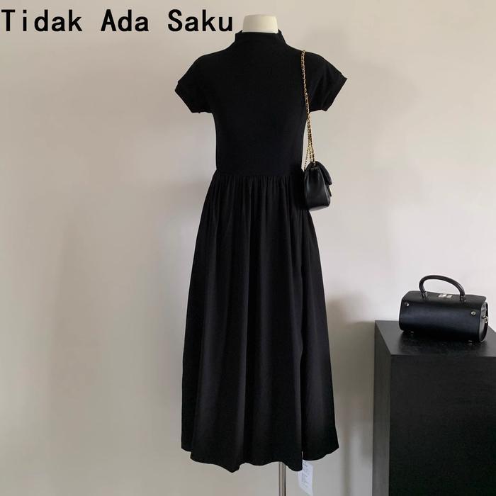 Cod Dress Korean Style Hitam Jumbo Panjang Dress Hitam Midi Lengan Pendek Dewasa Dress Maxi