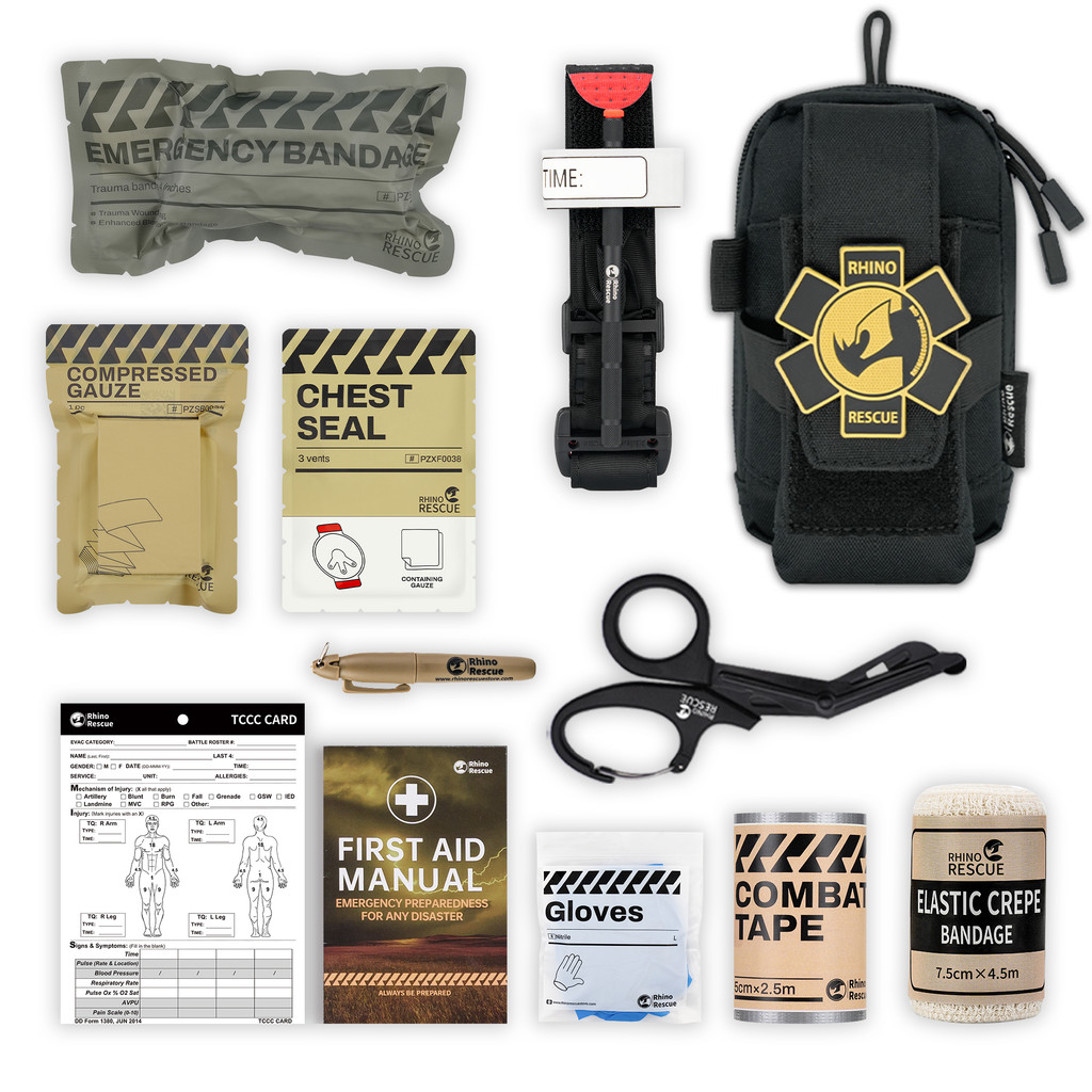 RHINO RESCUE EDC IFAK Survival Trauma Kit Molle Tactical Pouch With Metal Tourniquets,Bandage,Chest