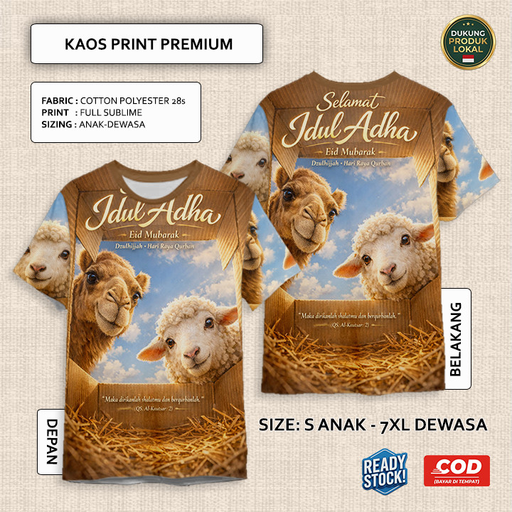Kaos Idul Adha Hewan Qurban Sapi Kambing Domba Model 4 Full Printing Keren | Baju 3D Anak dan Dewasa