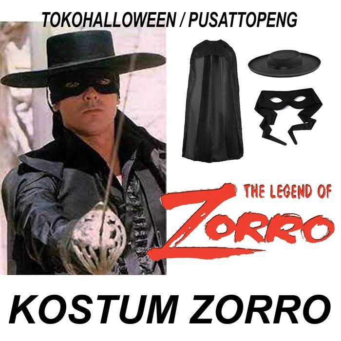 KOSTUM ZORRO SATU SET JUBAH TOPI TOPENG