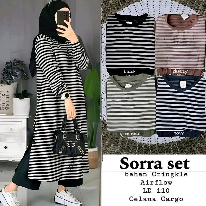 Sorra Set Tunik Wanita Motif Salur Bahan Cringkle Airflow Lengan Panjang Long Tunik Setelan Garis