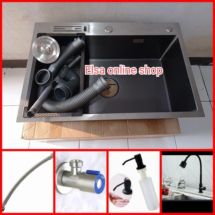 Paket Lengkap Kitchen Sink Thsink 6845 Black Kran Fleksibel