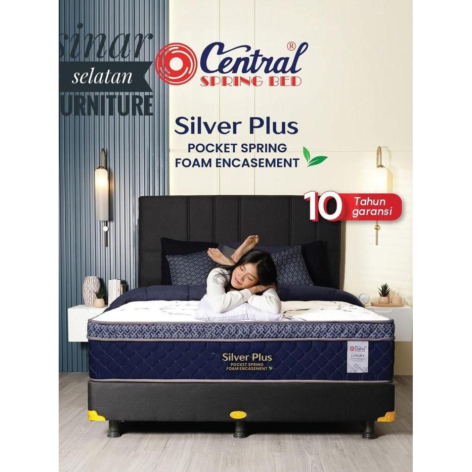 Central silver Plus Pocket Uk 180x200 Full Set Kasur Spring Bed 3D Knitted Fabric Tebal 32cm Garansi