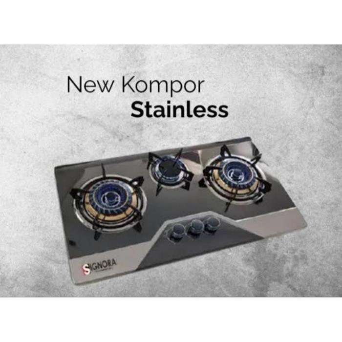 Signora Kompor Stainless 3 Burner, Dengan Api Biru, Hemat Gas Dengan Pemantik Baterai