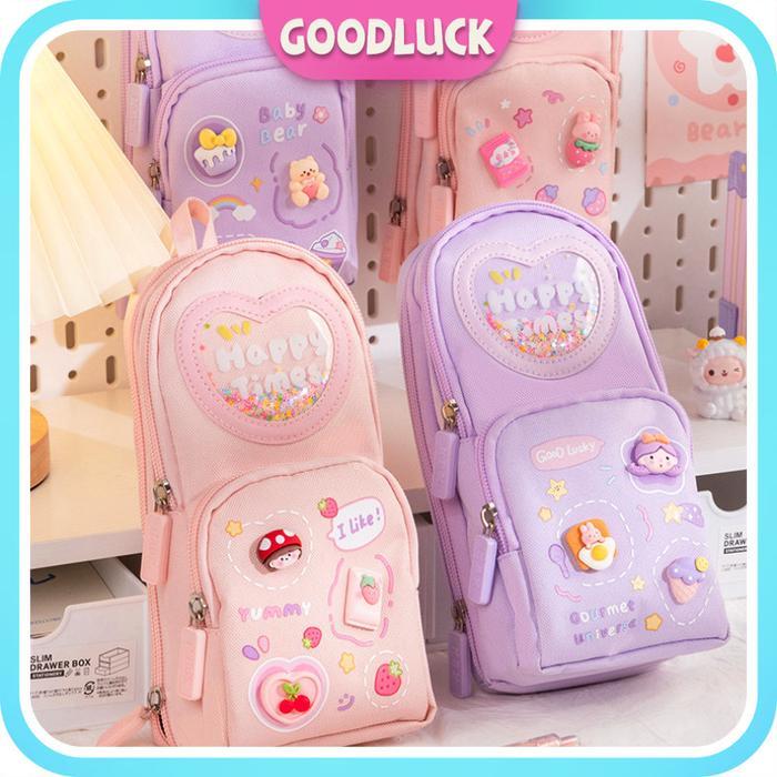 Tempat Pensil Kotak 3D Anak Perempuan Lucu Besar/ Korea Kotak Pensil Kanvas 6 Ruang / Tempat Pensil