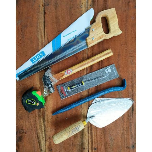 Ready 1 Paket Tukang Lengkap - Gergaji Kayu Baja Asli - Kikir Gergaji - Linggis Cukip Paku- Cetok