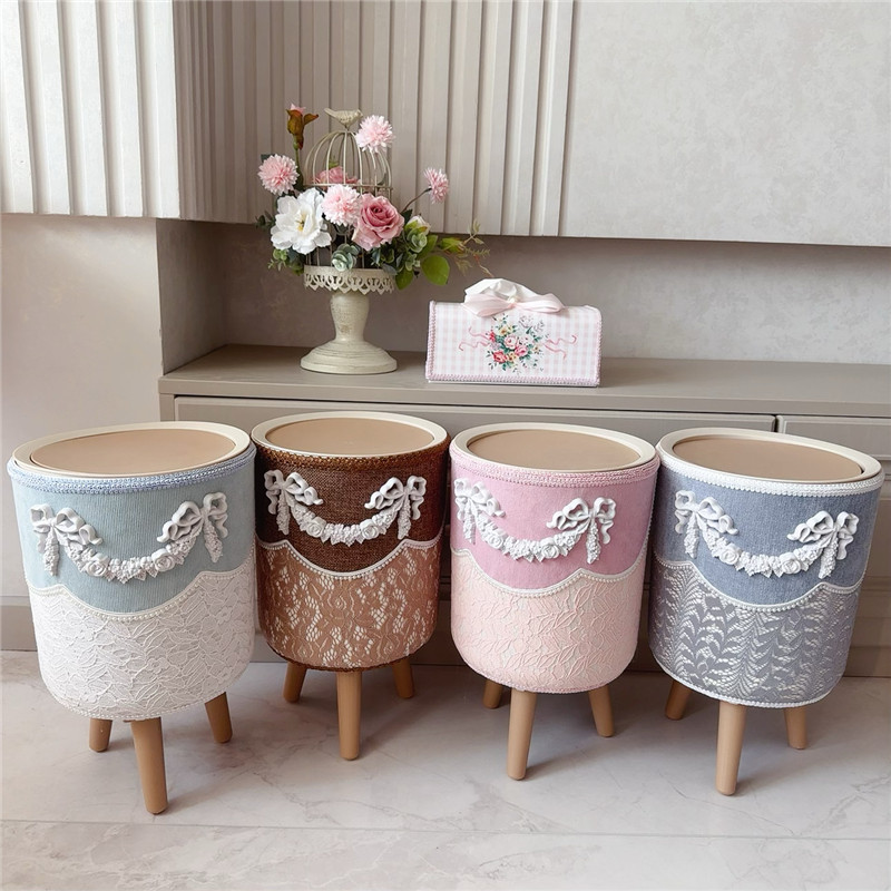 Retro Lace Trash Bin Resin Embossed Flower Bucket Bathroom Trash Can Livingroom Dustbin Round High F