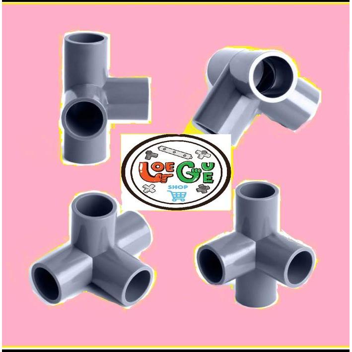 "New" LOEGUE Sambungan Fitting Tee Pipa PVC 4 Way Arah 1 Inch Rangka Hidroponik Praktis &
