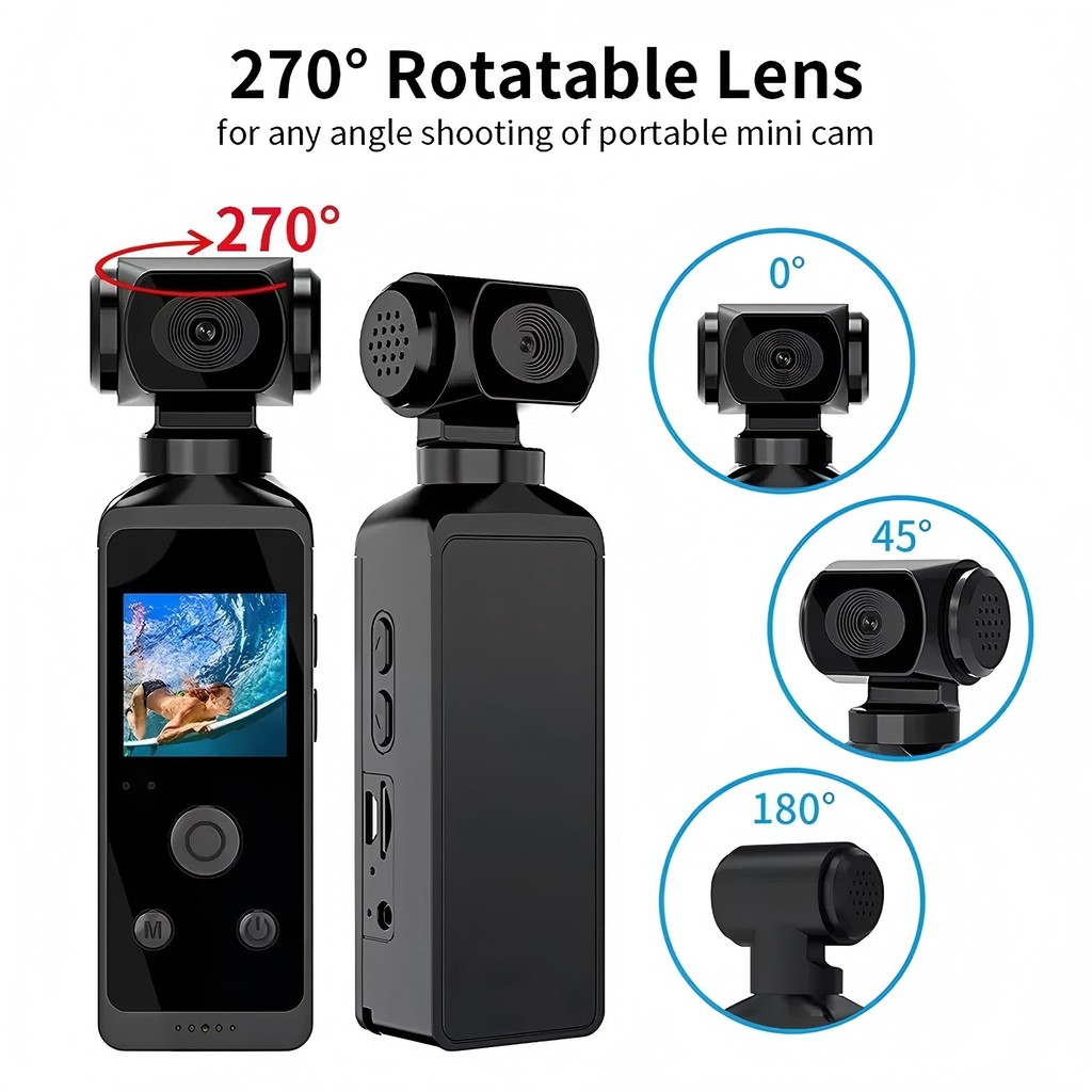 4K 270 Rotatable Pocket Action Camera, Portable Mini Vlog Cam with External Mic