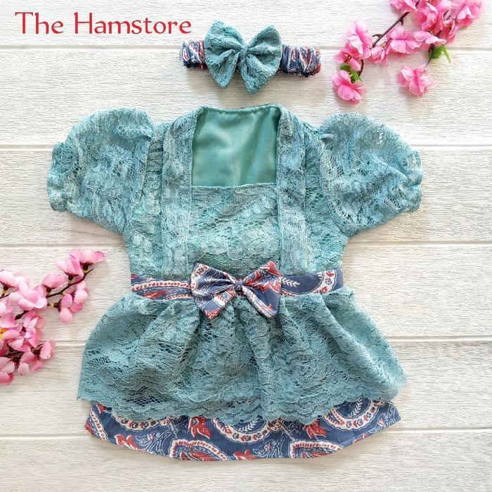 TERLARIS Wardah Setelan Kebaya Anak Bayi Perempuan Cewek 7 Bulan Brukat Biru Wardah Turun Tanah