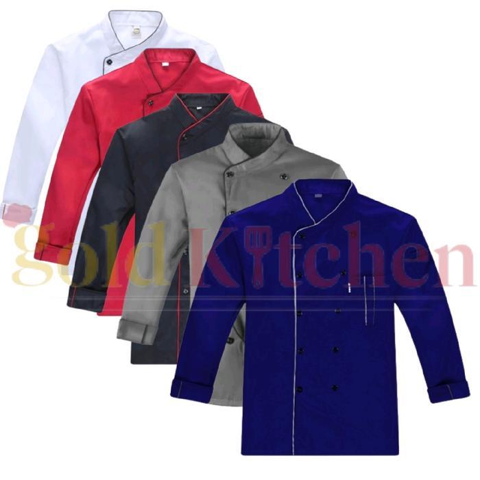 ASLI Baju Koki Chef Jacket Baju Chef Seragam Koki Pria Wanita Gold Kitchen Abu Biru Hitam Merah Navy