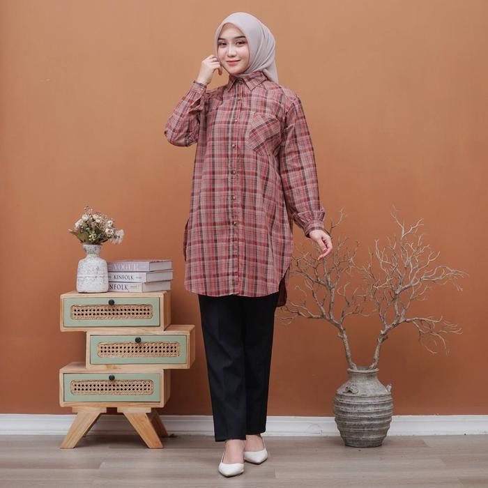 TERBARU Munna Tunik Motif kotak Katun Haruka Kemeja Atasan Kancing Wanita Dewasa Muslim Kotak
