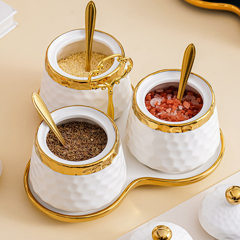 Golden Ceramic Seasoning Box, Salt and Pepper Bottles, Household Seasoning Jar Set, Kitchen