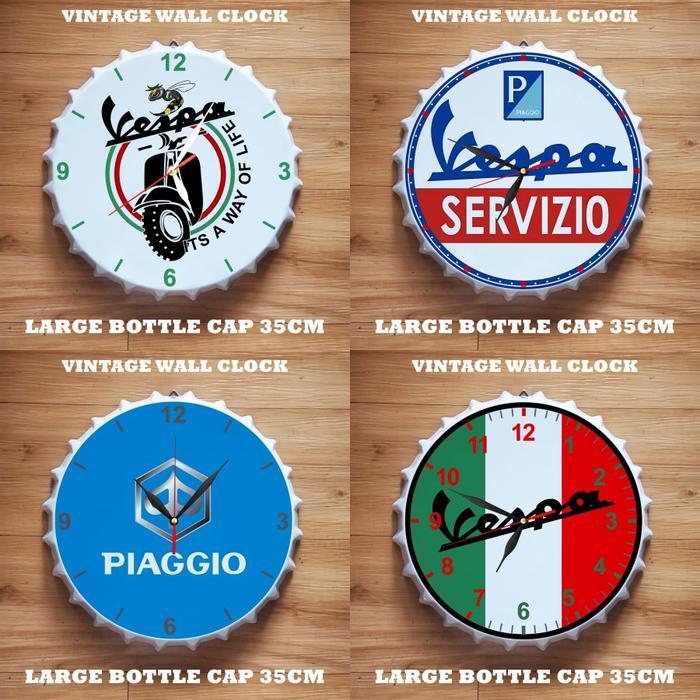 Jam Dinding Enamel Motif Tutup Botol Jumbo Vespa Jam Pajangan Dinding Plat Besi Klasik Vintage Wall
