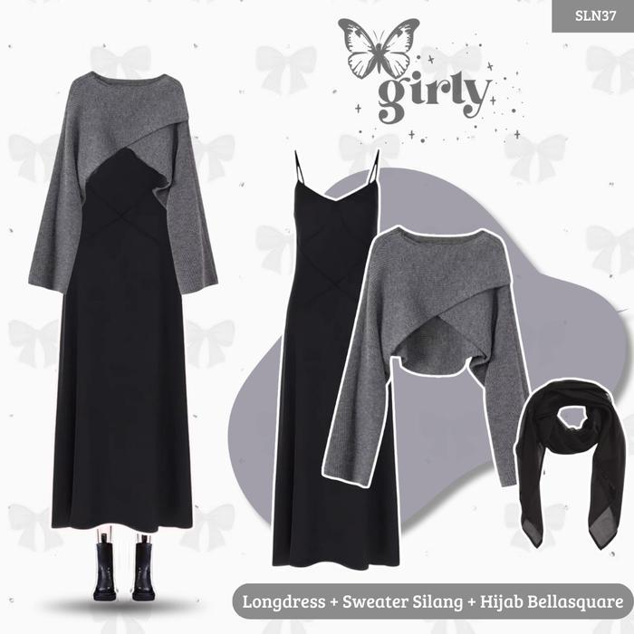 cnm Outfit Korean Style 3in1 (Sweater Rajut Abu, Longdress Satin Hitam, Hijab Segiempat Pollycotton