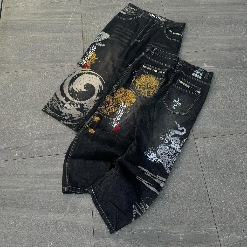 Japanese Black Dragon koi Fish Patterned Jeans Men American Hip-Hop Retro High Street Wide-Leg Pants