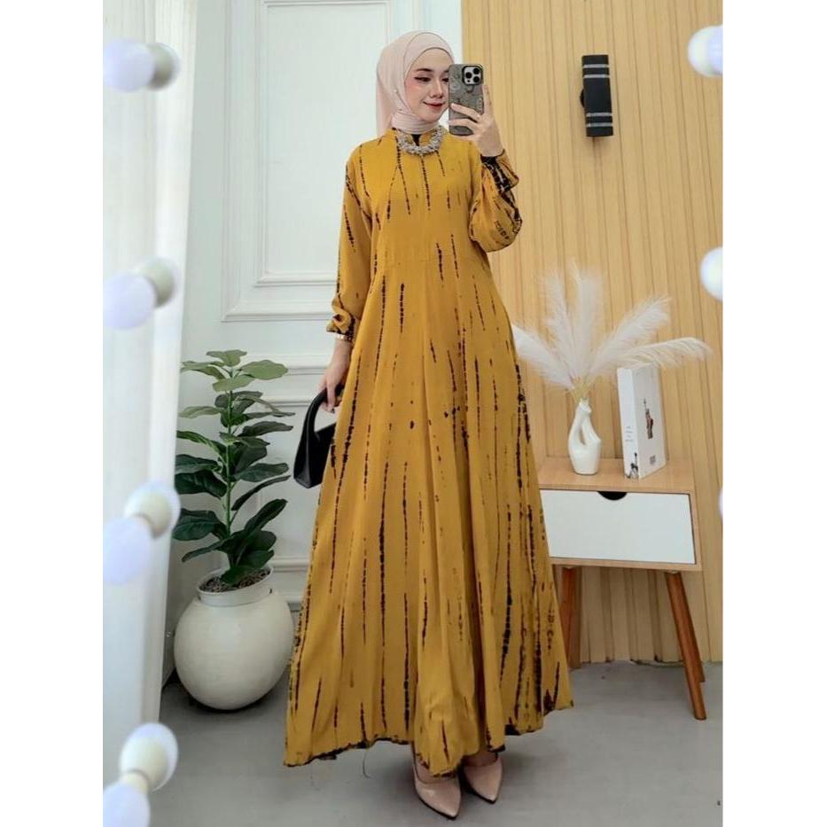 Gamis Rayon Twill Motif Jumputan Gamis Wanita Simple Dan Elegan Gamis Jumbo Pasti Ori