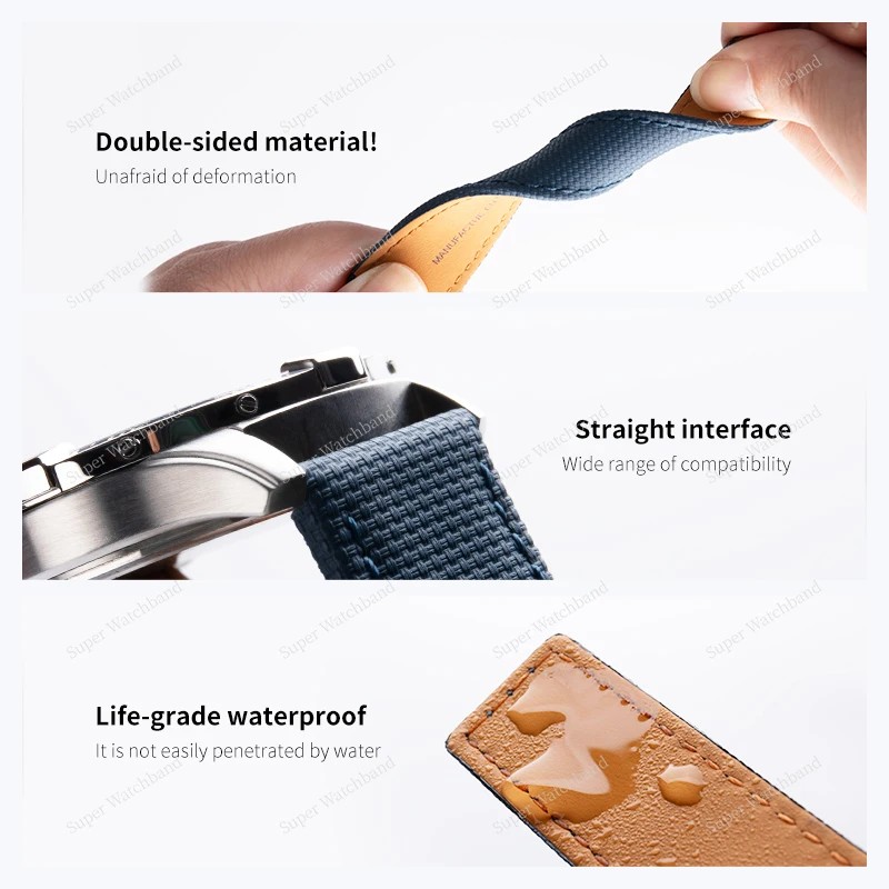 22mm 24mm Woven FKM Fluoro Rubber Top +Leather Sailcloth Watchband For Breitling Strap Superocean