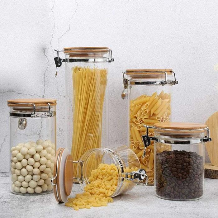 Toples Kaca Tempat Penyimpanan Cereal Beras Tutup Kayu Kedap Udara Kontainer Makanan Food Storage